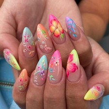 Hibiscus Flower Press on Nails Medium Almond Fake Nails with Summer Hawaii Fl...