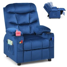 Honeyjoy Kids Youth Recliner Chair Velvet Fabric w/Cup Holder  Side Pocket Blue