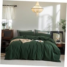 Duvet Cover Set 100 Washed Queen 90"  90" Forest Green No Comforter 