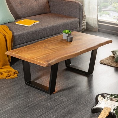 Massivholz Baumstamm Couchtisch MAMMUT 110cm Akazie schwarzes Metallgestell