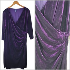 Chaps Velvet Dress Plus 20W Party stretch Ruched Waist Ralph Lauren Purple Midi