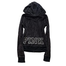Victoria's Secret PINK Women Charcoal Velour Zip-Up Hoodie Silver Sequin Size XS