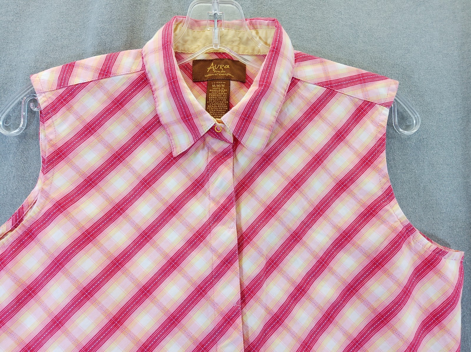 Aura Wrangler shirt Women medium Pink Yellow plaid Snap sleeveless Western image 10