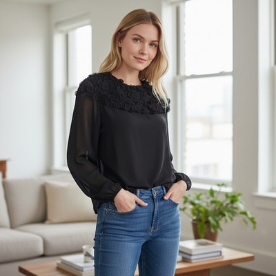 Akris Punto Black 3D Floral Beaded Mesh Applique Sheer Blouse Top US 6