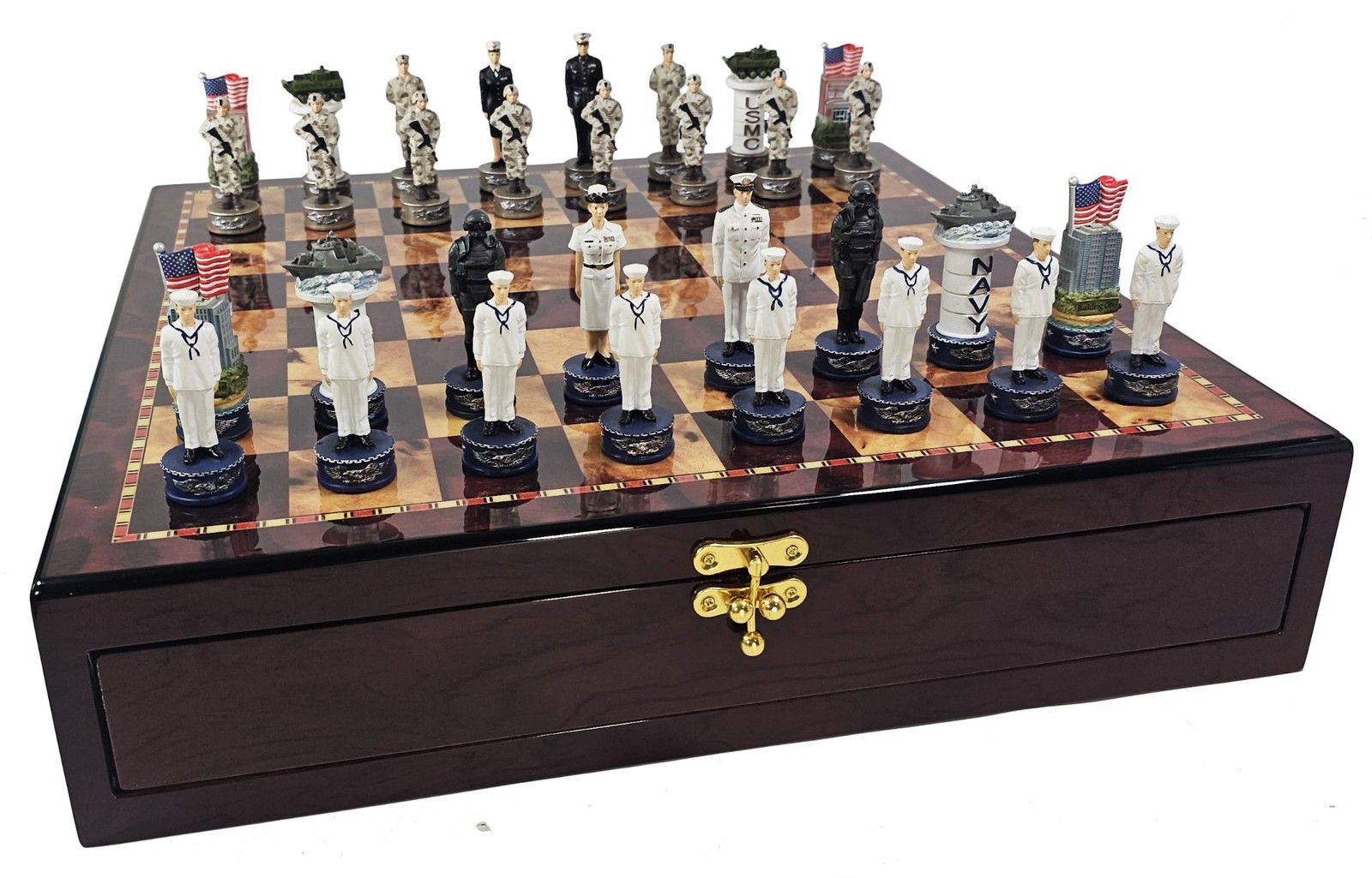 US Military Army Navy Air Force or Marines Chess Set Cherry Color Storage Board