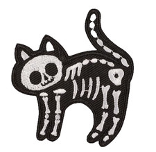 SKELETON CAT - BLACK  WHITE - HALLOWEEN - Embroidered Iron-On Patch