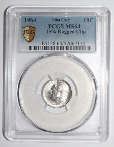 1964 Roosevelt Dime Error 15% RAGGED CLIP PCGS MS64