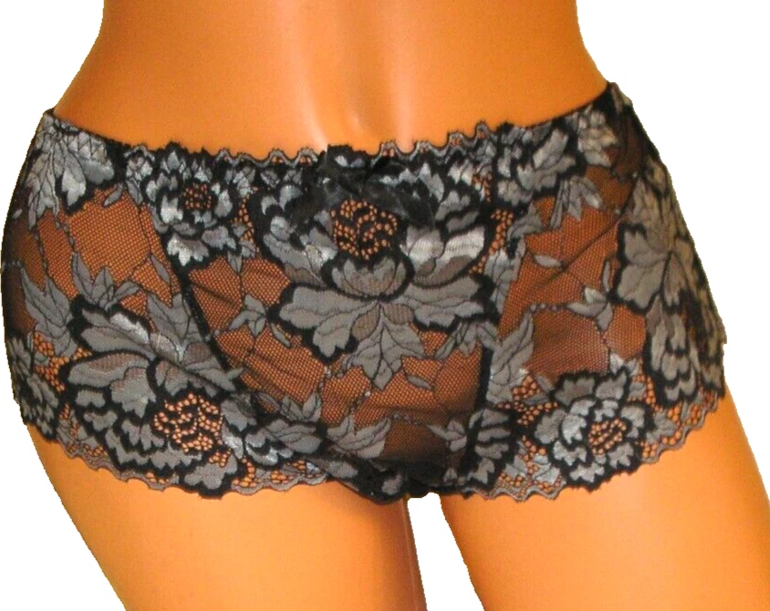 Bragas Lencería Negro Encaje Gris Floral Malla Espalda Hipster Talla 1X Regalo Adulto Foto 2 de 4