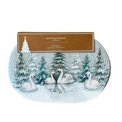 4 Cupcakes & Cashmere SWAN Braided Placemats 12x18 Christmas Holiday NEW