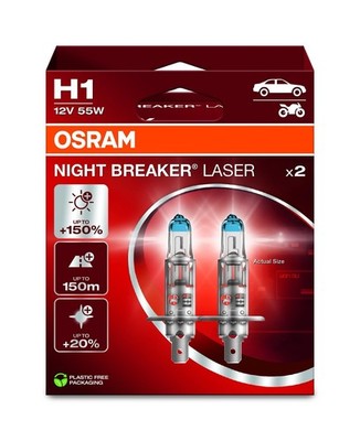 OSRAM NIGHT BREAKER LASER H1, +150% more brightness, halogen headlight