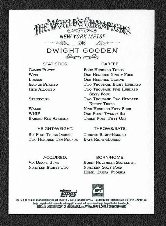 Dwight Doc Gooden Autograph Auto 2014 Topps Allen & Ginter NY Mets Card #246 - Image 2 of 2