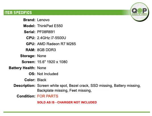 FOR PARTS: Lenovo ThinkPad E550 - 15.6" FHD, 2.4GHz i7, 8GB RAM, NO SSD - Image 2 of 4