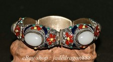 Bijoux bracelets anciens 8,4" Chine argent incrustation cloisonné blanc gemme motif fleurs