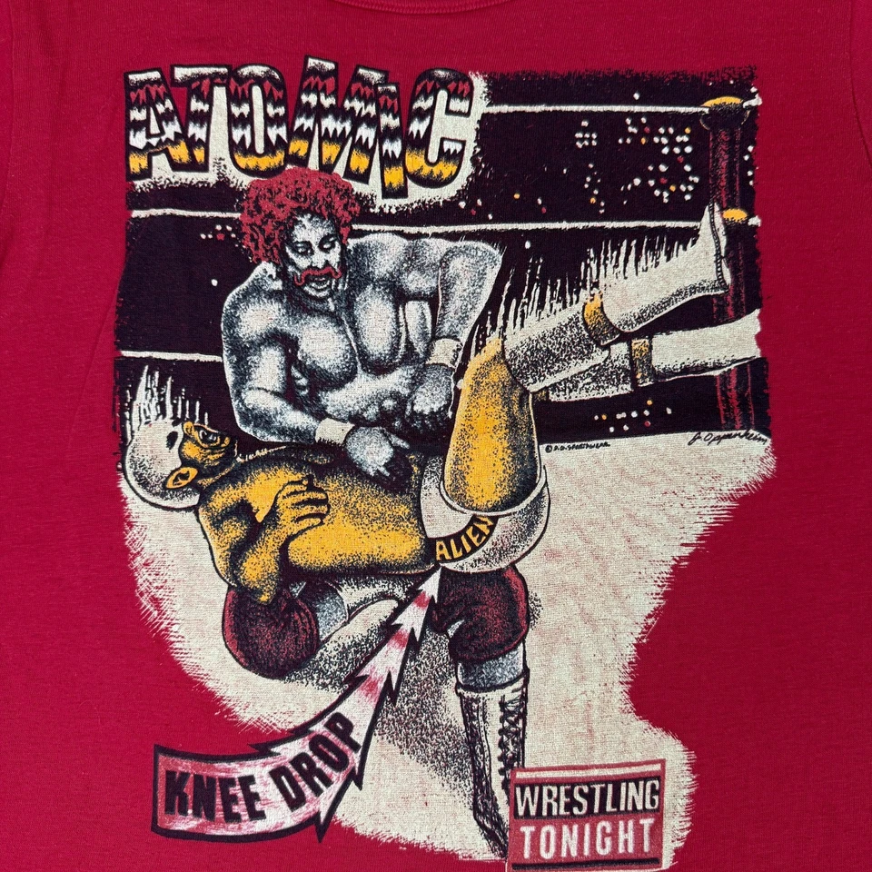 Red Vintage Atomic Wrestling T-shirt Size S Child Knee Drop All Star Match - Image 3 of 4