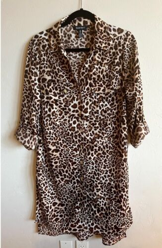 Ellen Tracy Women's Leopard Print Dress Size L Long Sleeve Shirt Dress