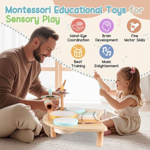 Kids Drum Set, Montessori Musical Instruments for Toddlers 1-3, Wooden Musica... - Picture 3 of 7