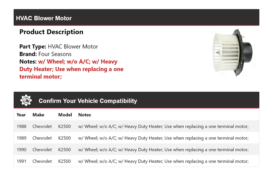 Motor soplador de climatización para Chevrolet K2500 1988-1991 4 estaciones 1989 1990 Foto 2 de 4
