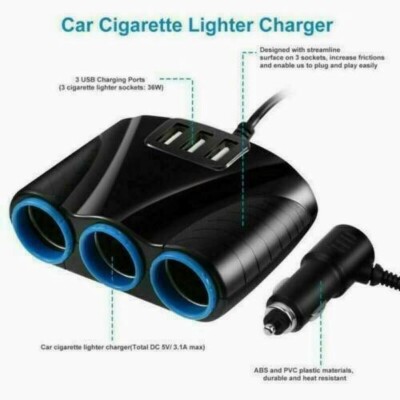 12V Car Cigarette Lighter Socket Splitter Outlet Power Adapter 3 USB Charger  US