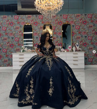 Navy Quinceanera Dresses with Gold Appliques Birthday Sweet 15 16 Ball Gowns