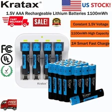 Kratax 1100mWh 1.5V AAA Rechargeable Lithium Batteries&Charger High Quality LOT