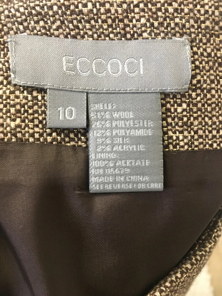 Falda Eccoci Talla 10 Forrada Cremallera Lateral Lana Seda Mezcla Poli Marrón Dorado Metálico SK5 Foto 2 de 4