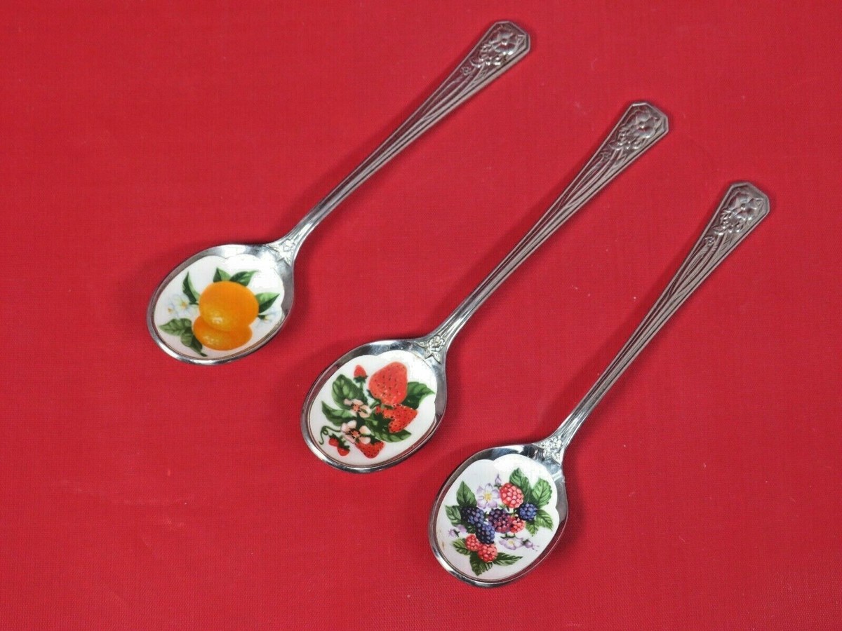 Vintage Avon Set Of Stainless Steel Enamel Fruit Jelly Jam Spoons Japan  B5