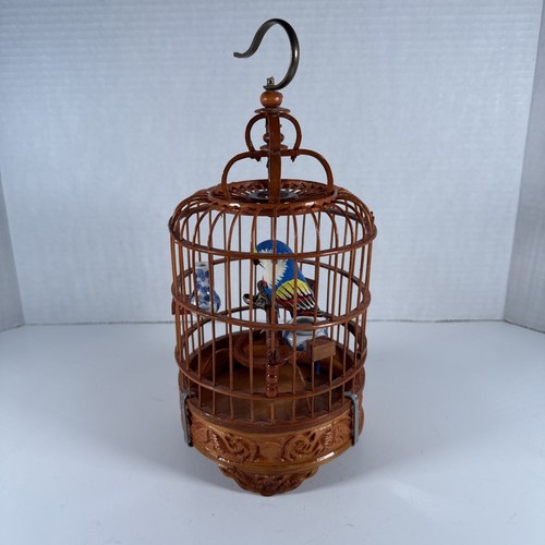 VTG Asian Bamboo Bird Cage ~ Blue Floral Ceramic Feeder/Water Bowls