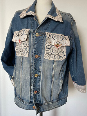 Tolle Damen Jeansjacke mit Spitze Gr XL Blau Absoluter Hingucker!