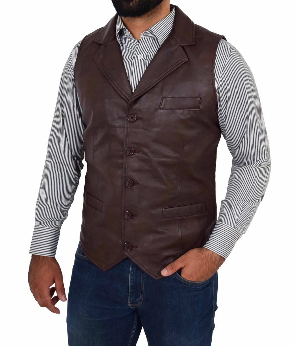 Mens leather deals vest with lapels