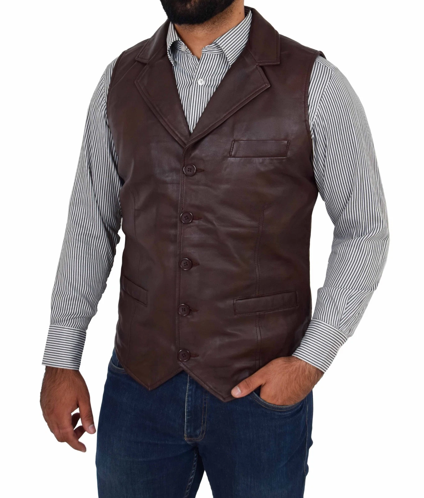Mens Waistcoat Real Soft Brown Leather Gilet Lapel Collar Classic Western Vest
