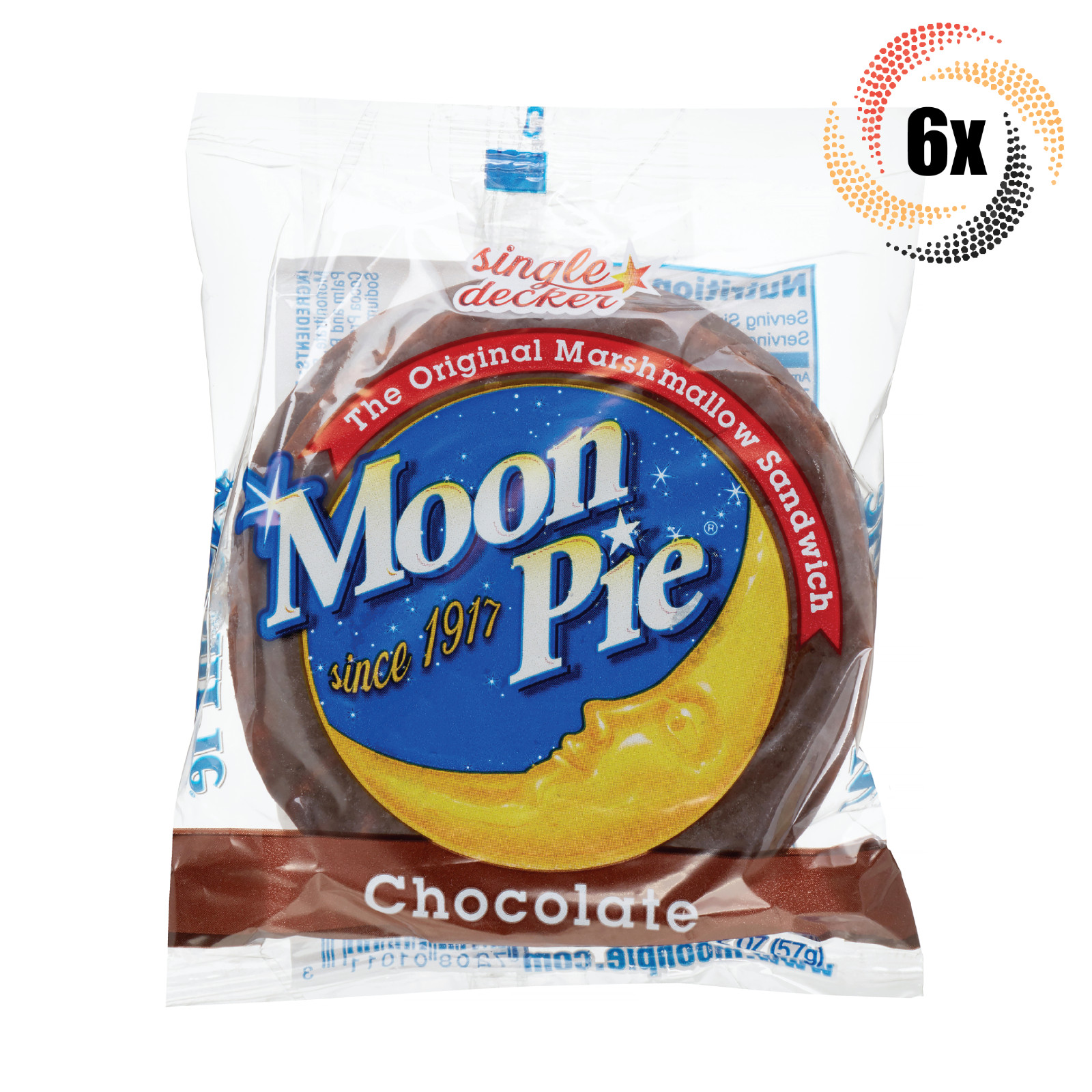 6x Pies Moon Pie Одноэтажные шоколадные оригинальные сэндвичи с зефиром 2 унции