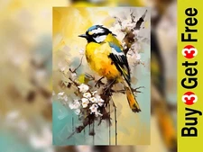 Blue Tit In Blossom 5"x7" Print on Matte Paper | Vibrant Bird Watercolor Art