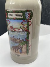 Bierkrug Brauerei Straubing Bräu Reklame Maßkrug 1L Steinzeug  Alt Reg16a
