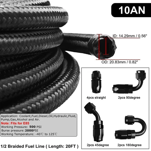 10/20FT 6AN 8AN 10AN 12AN CPE Braided Nylon Fuel Line Kit Fuel Hose End Fittings - Bild 5 von 20