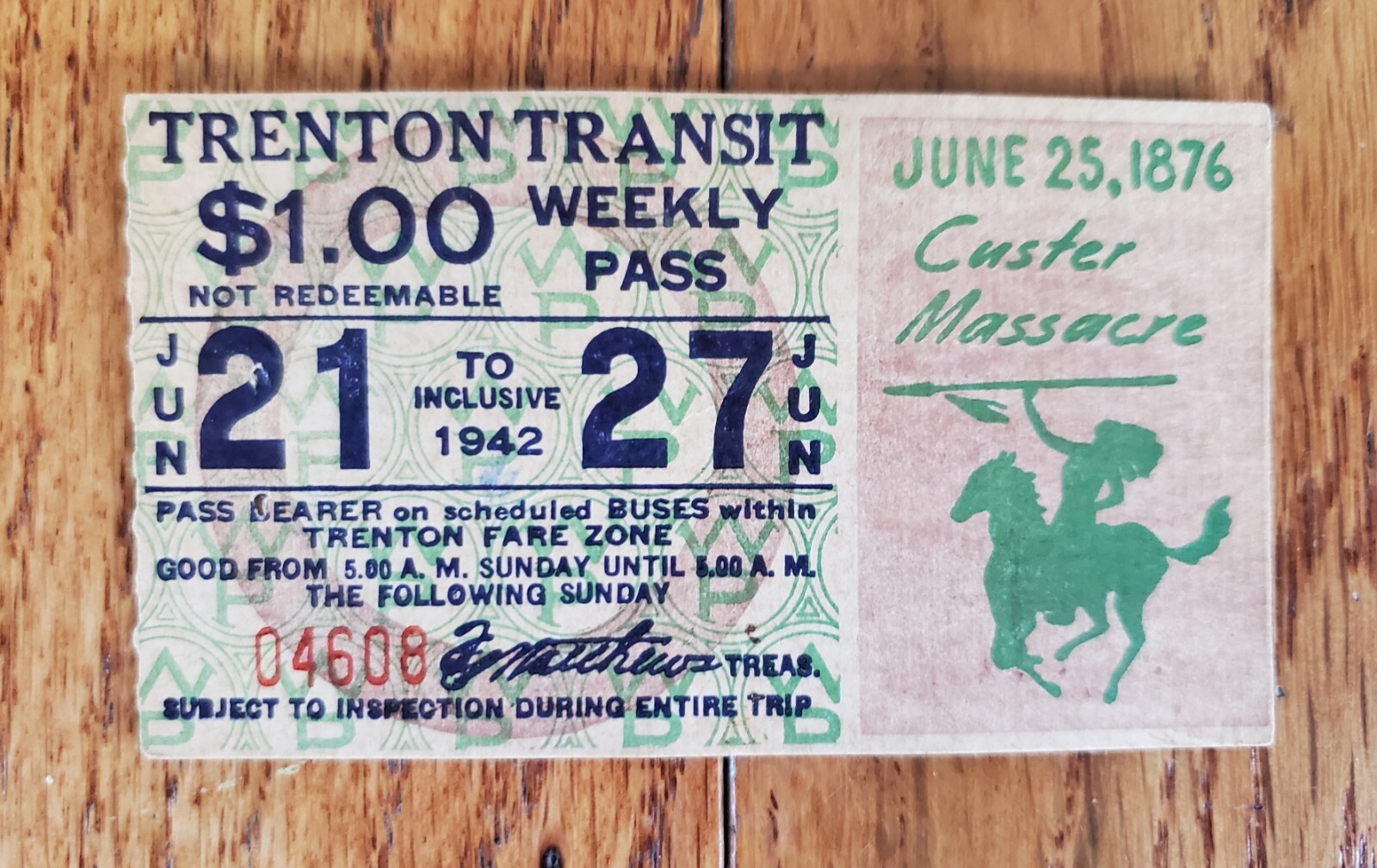1942 TRENTON TRANSIT COMPANY TROLLEY BUS WEEKLY PASS TICKET JUNE ...