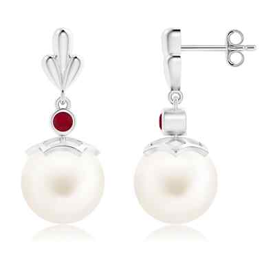 ANGARA Freshwater Pearl & Ruby Motif Earrings in Silver for Women (10mm)