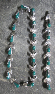 E De Pichardo Sterling Green Onyx Corn Husk Necklace Bracelet Set 86.1 Grams 925