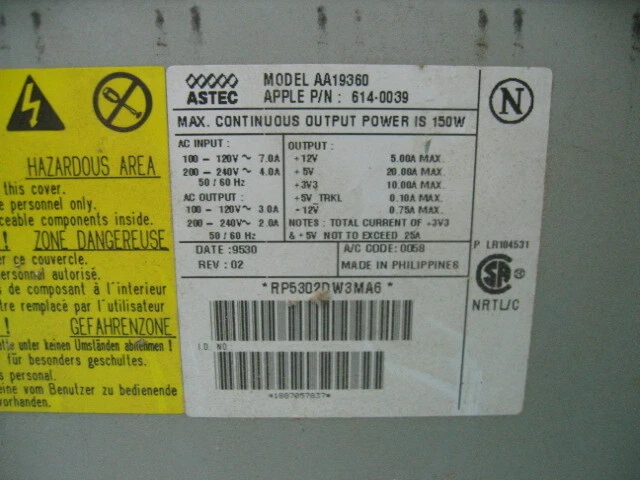 Astec AA19360 Apple P/N 614-0039 150W Power Supply - Image 2 of 2