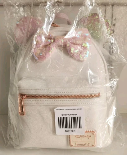 Disney Minnie Mouse Iridescent Pink Colorful Sequin Bow Loungefly Backpack New