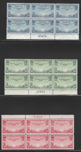 U.S., 1935-1937, Scott #C20-C22, Plate Blocks of 6, Mint, Never Hinged