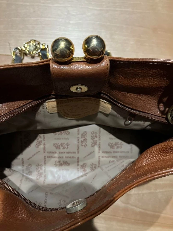 Bolso de Hombro Renato Angi Venezia Cadena Cuero Marrón USADO Buen Estado Foto 3 de 4