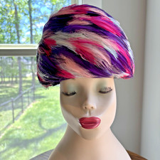 Vintage Kutz Hats Feather Fascinator Hat Purple Pink White Mid Century Cocktail