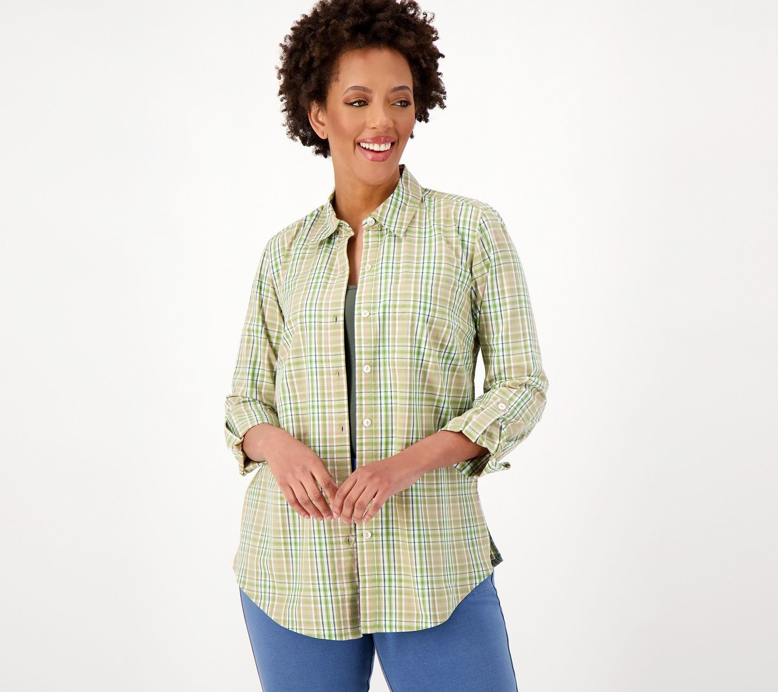 Susan Graver Women's Top Petite PM Weekend Yarn-Dyed Plaid Brown A602029