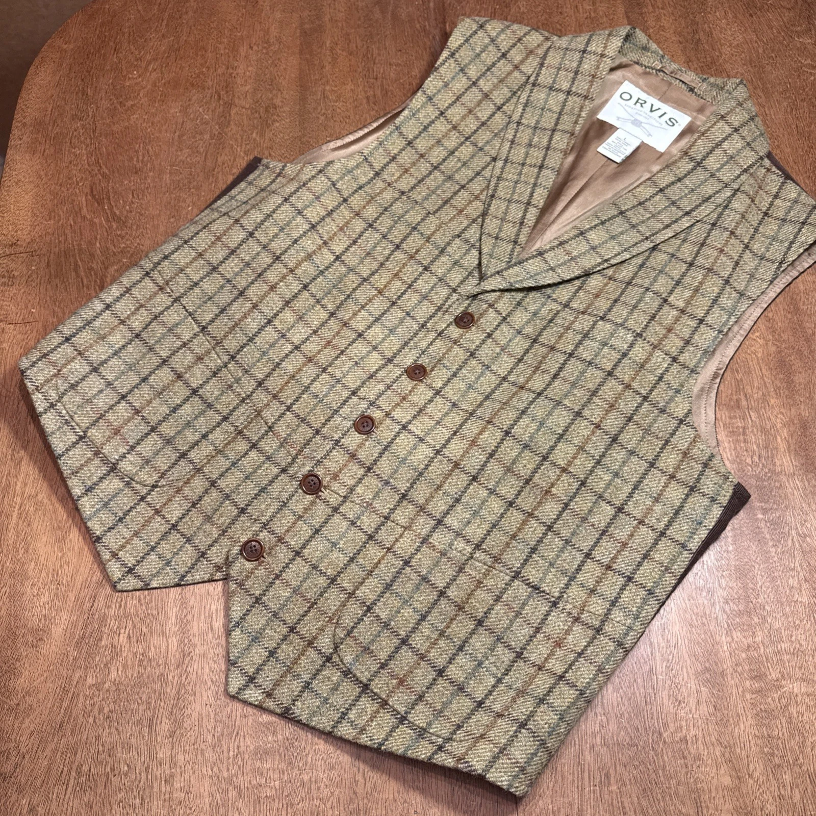 Orvis Tweed Plaid Hunt Vest Button Waistcoat Wool Work Outdoorsman Fishing L 44