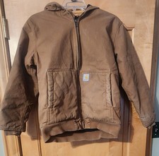 Carhartt Jacket Youth Large 14-16 Canvas Hood Quilted Insulated Brown OJ8545-B