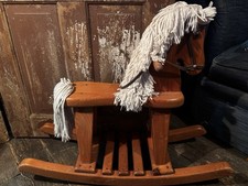 Vintage 80's Solid Oak Wooden Hobby Horse Rocking Horse with Yarn Mane 25"x30"