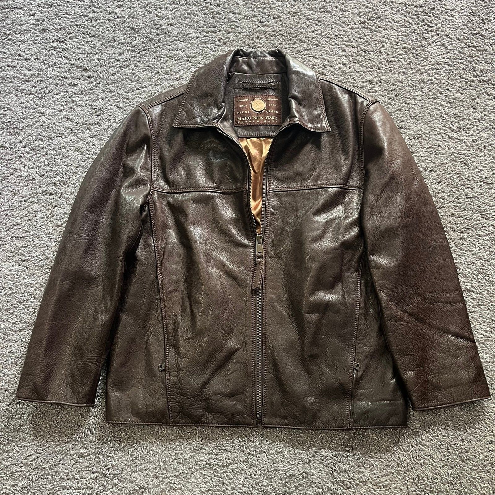 Vintage Andrew Marc New York Leather Bomber Jacket Full Zip Brown Size Medium