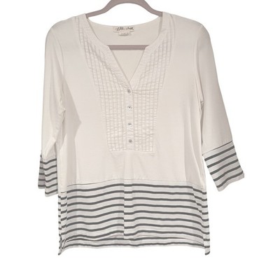 Lillis Closet Cream Navy Stripe V-Neck Pleated Button 3/4 Sleeve Top Womens S