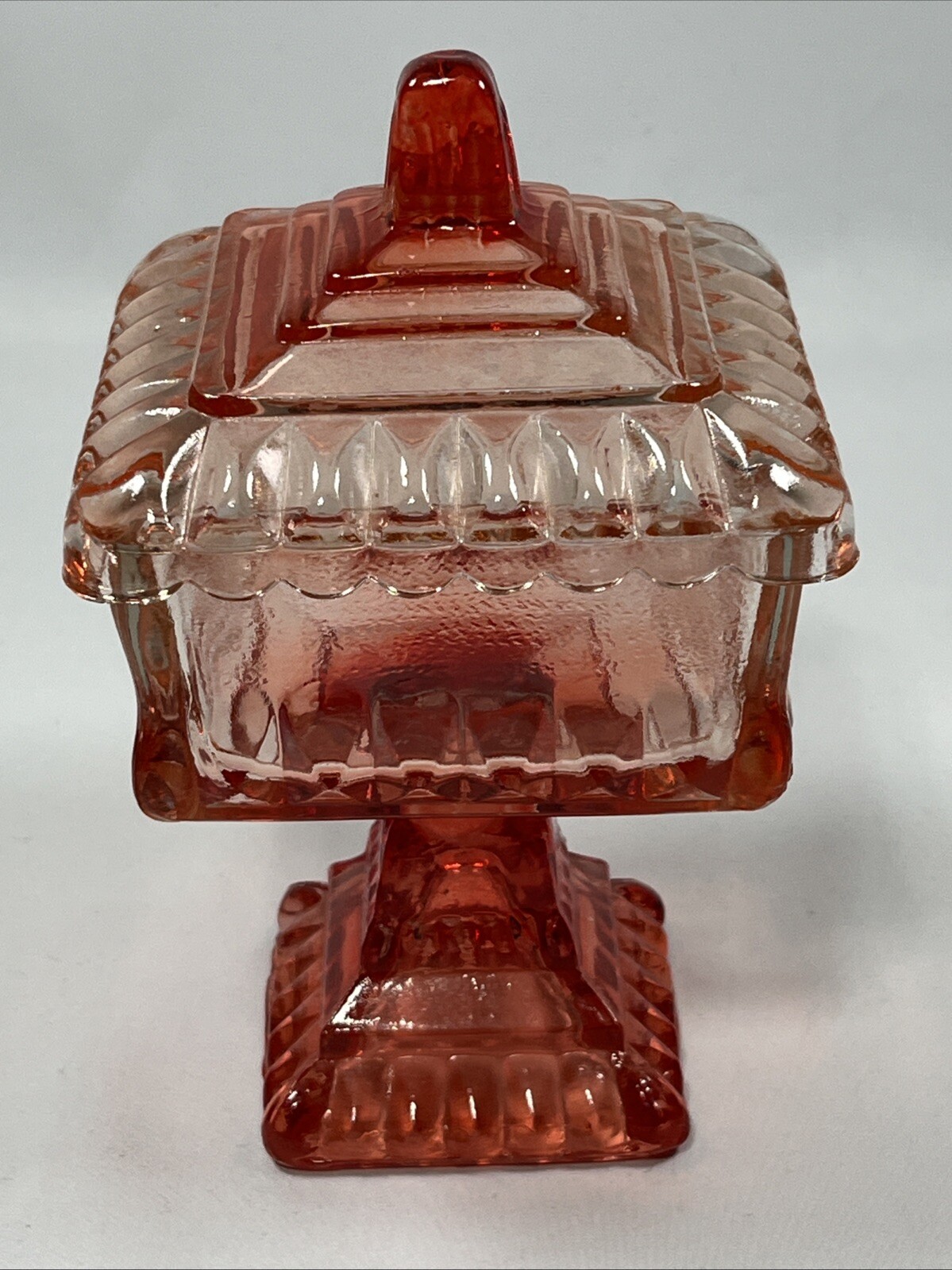 Vintage Jeanette Wedding Box  Amberina Red Square Pedestal Candy Dish