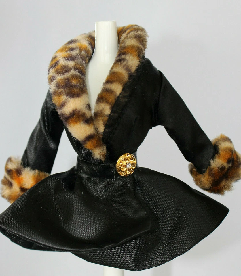 Black Satin Barbie Coat Jacket Leopard Faux Fur Collar Hat Belt Fashion Outfit - Image 4 of 4